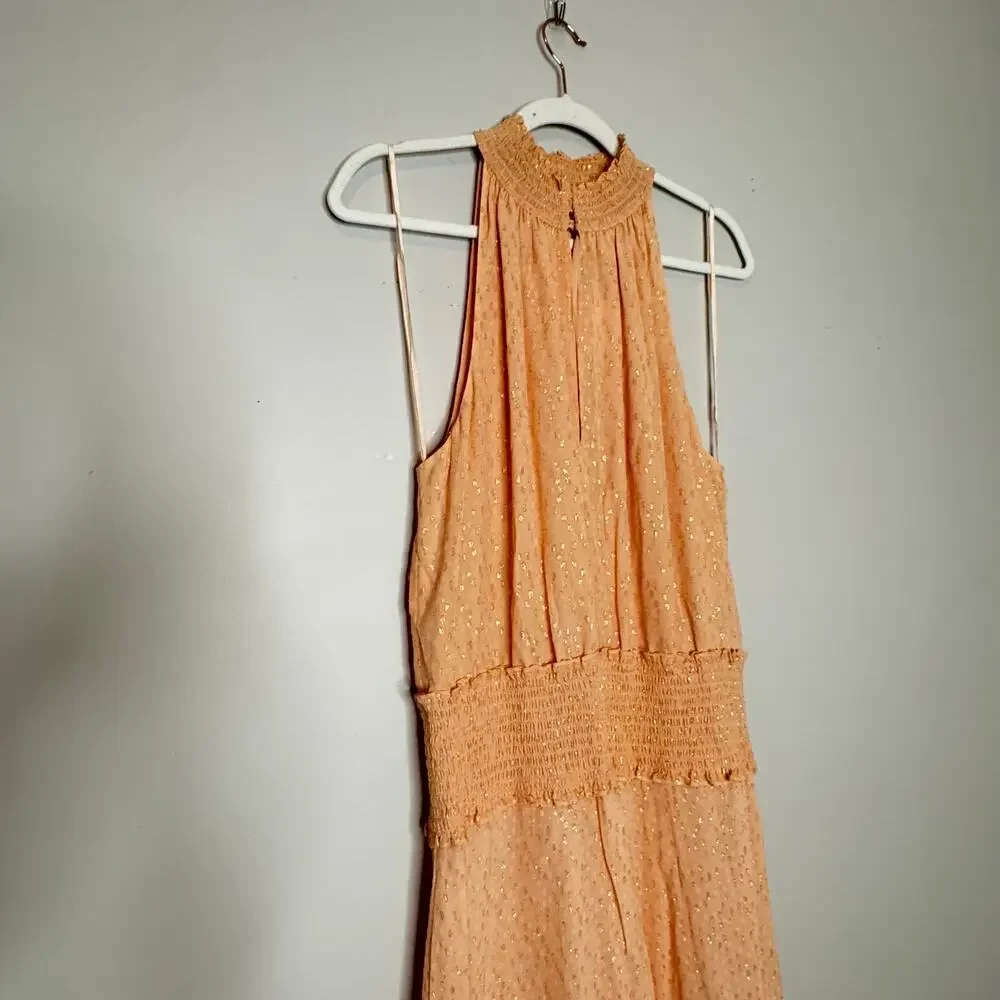 A.L.C. Kaia Halter Neck Blush Smocked Silk Metallic Midi Dress Size 8 NWT - Picture 7 of 10